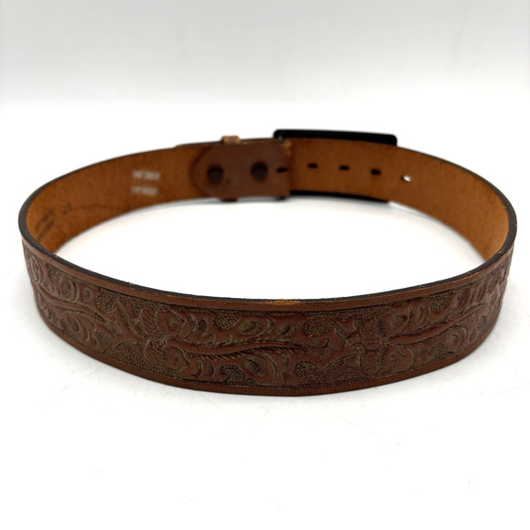 Vintage 70s Lyntone 2357 Brown Acorn Tooled TEXAS Solid Brass Buckle Belt 26-29\